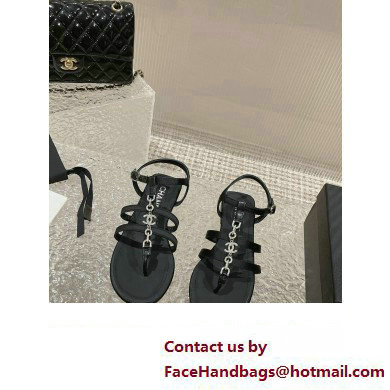 Chanel Satin, Metal  &  Strass Thong Sandals G40128 Black 2023